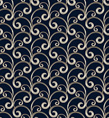 Vintage golden scroll pattern with floral swirls in rococo style. Elegant seamless ornamental texture on dark blue background.