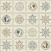 Vector seamless background on the theme of nautical travel, adventure and discovery. Wind roses, ship anchors, compasses, helms and other nautical symbols on the checkered background in vintage style
