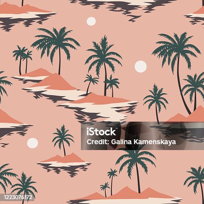 istock Vintage seamless island pattern. Colorful summer tropical background. Landscape with palm trees, beach and ocean 1223076172