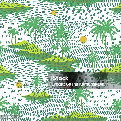 istock Vintage seamless island pattern. Colorful summer tropical background. Landscape with palm trees, beach and ocean 1223077158