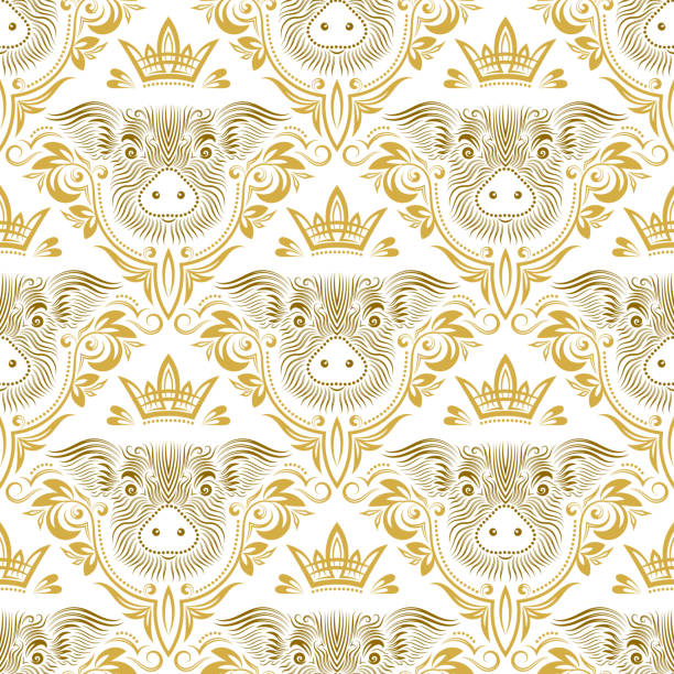 Vintage seamless pattern of repeating pig muzzle in floral ornament with crown. Gift wrapping for Chinese New Year 2019. Holiday wallpaper. Vintage seamless pattern of repeating pig muzzle in floral ornament with crown. Gift wrapping for Chinese New Year 2019. Holiday wallpaper. pig patterns stock illustrations