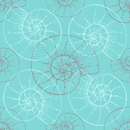 Vintage seashell seamless pattern on mint background. Spiral nautilus shells in a simple style. Marine vector illustration of a soft colors is suitable for natural design and seamless printing.