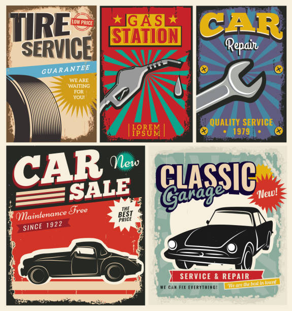 Vintage set of vector cars for advertising Vintage retro style. Set of vector cars flyer template. Garage, tire service, sale, wash, repair and auto service. mechanic backgrounds stock illustrations