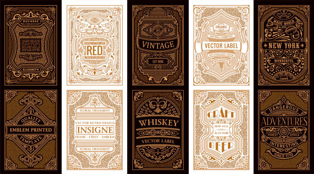 Vintage set retro cards. Template greeting card wedding invitation. Line gold calligraphic frames Vintage set retro cards. Template greeting card wedding invitation. Line gold calligraphic frames. Floral engraving design golden labels. Advertising place for text. Flourishes frame background greeting card illustrations stock illustrations