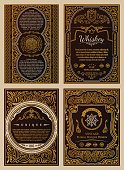 Vintage golden vector set retro cards. Template greeting card wedding invitation. Line calligraphic royal frames. Floral engraving design labels advertising place for text. Flourishes frame background