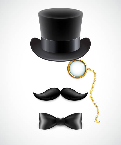 stockillustraties, clipart, cartoons en iconen met vintage silhouette of top hat, mustaches, monocle and  bow tie - smoking