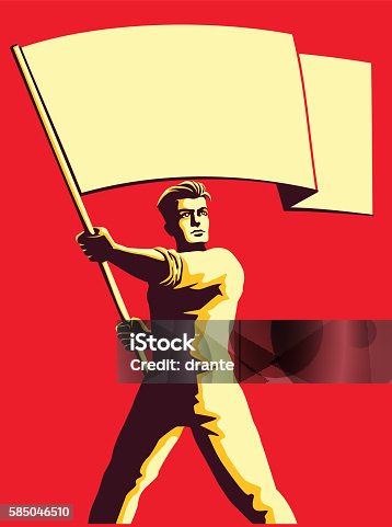 istock Vintage soviet propaganda style man holding blank flag vector illustration 585046510