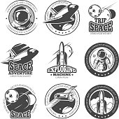 istock Vintage space, astronautics, shuttle flight vector labels, logos, badges, emblems 672841918