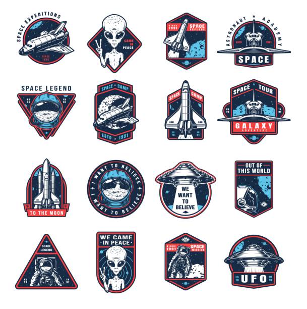 винтаж пространство красочные этикетки коллекции - космический корабль stock illustrations
