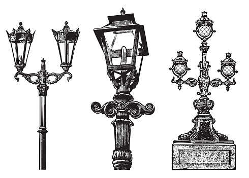Realistic detailed graphic illustration of typical lamppost in old, retro style.