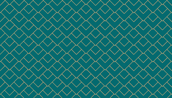 Vintage style art deco geometric pattern with overlapping golden squares on turquoise background. Retro geometric abstract line vector seamless pattern.