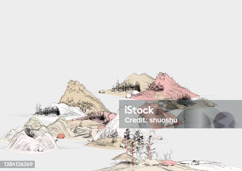 istock vintage style traditional Chinese landscape painting illustration 1384126269