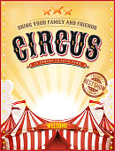 Illustration of a retro vintage circus background, with summer yellow sky, marquee, big top, titles and grunge texture
