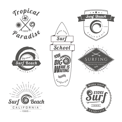 Collection of Vintage Surfing Graphics,Labels, Badges and Design elements