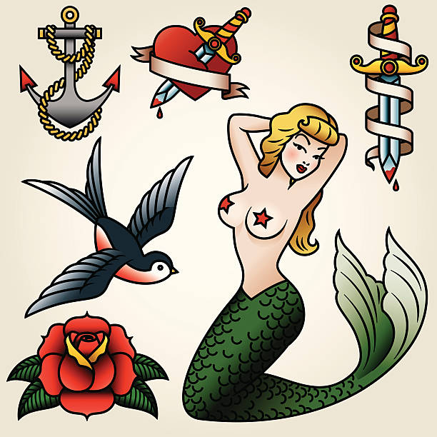 Vintage Tattoo-Style Icon Set A set of common classic sailor tattoo styled elements pin up girl stock illustrations