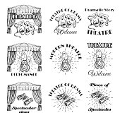 Vintage theatre label, emblem, badge and logo set, vector hand drawn monochrome illustration. Theater show performance symbols jester, drama and comedy masks, binoculars, theatrical stage decorations.