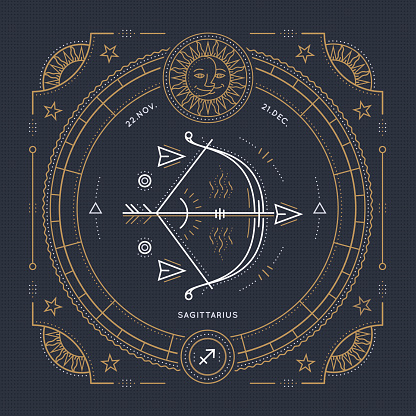 Vintage thin line Sagittarius zodiac sign label.Stroke outline illustration.