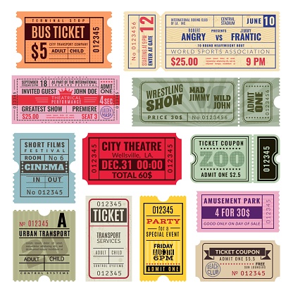 Vintage tickets. Hand ticket circus, cinema and concert party old paper voucher travelling cruise raffle coupon. Vector template set