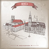 Vintage travel illustration with Munich, Germany, old town sketch. Hand drawn sketch. Great for coffee, restaurant, cafe ads, travel brochures, labels.