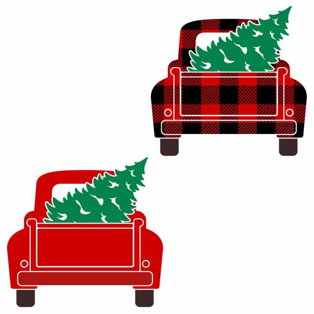 Vintage Truck Tailgate with Christmas Tree Vector Illustrations on White Illustration of red and red with plaid retro truck rear with tree in back truck clipart stock illustrations