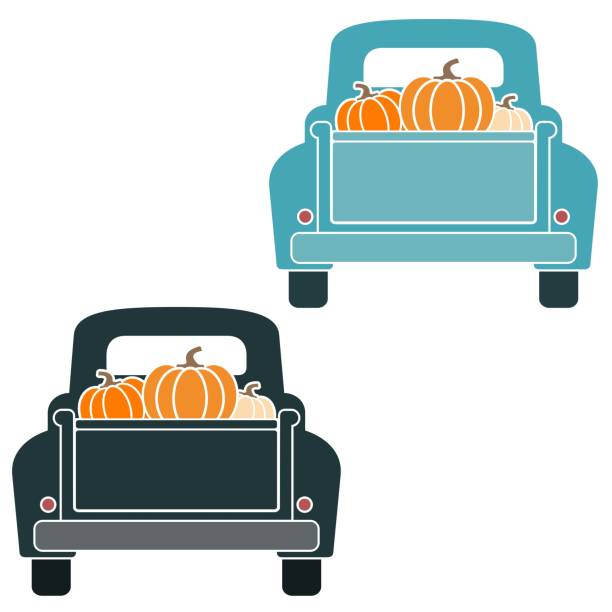 Vintage Truck Tailgate with Pumpkins Vector Illustrations on White Illustration of black and blue retro truck rear with pumpkins in back autumn clipart stock illustrations