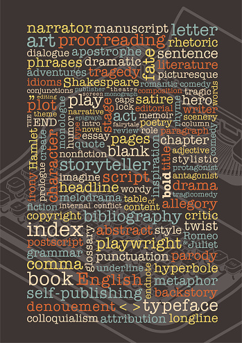 Vector illustration of retro vintage style typewriter and word cloud with words related to writing and literature. Design for posters, brochures, and flyers.