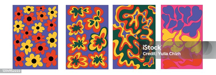 istock vintage vector interior posters in hippie style.70s and 60s funky and groove postcards.Psychedelic patterns with flowers, waves, heart shapes.Abstract shapes for wallpaper and background. 1314952222