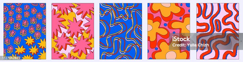 istock vintage vector interior posters in hippie style.70s and 60s funky and groove postcards.Psychedelic patterns with curves, stars, flowers, shapes.Abstract shapes for wallpaper and back.Low contrast 1327042822