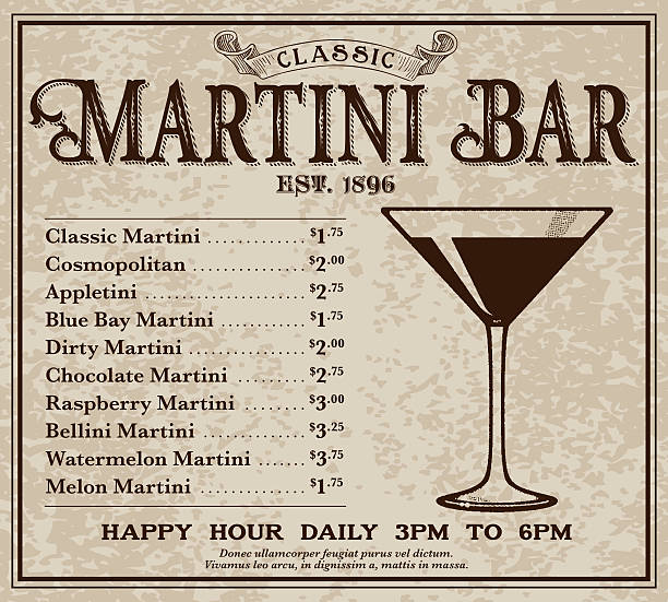 Vintage Victorian Style Classic Martini Bar Advertisement A vector illustration of an old fashioned advertisement in a Victorian style of typography. Decorative typefaces are mixed together to create the design. Download includes AI10 EPS and a high resolution JPEG file.  dirty martini stock illustrations