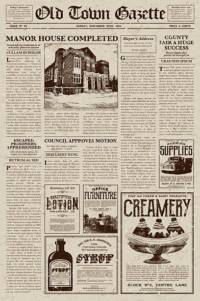 Vintage Victorian Style Newspaper Design Template A vector illustration of an old fashioned newspaper in a Victorian style of typography. Decorative typefaces are mixed together to create the design. Download includes AI10 EPS and a high resolution JPEG file.  newspaper clipart stock illustrations