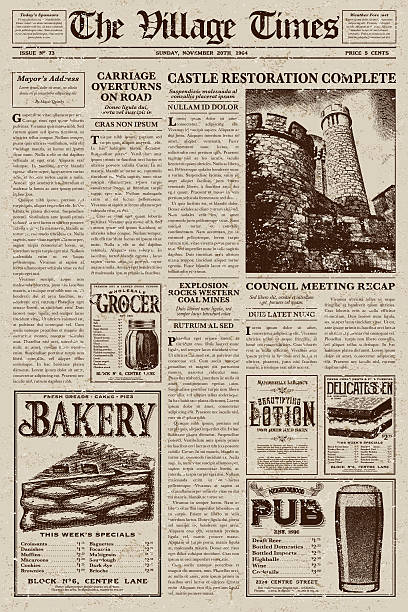 Vintage Victorian Style Newspaper Design Template A vector illustration of an old fashioned newspaper in a Victorian style of typography. Decorative typefaces are mixed together to create the design. Download includes AI10 EPS and a high resolution JPEG file.  marketing clipart stock illustrations
