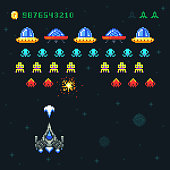 Vintage video space arcade game vector pixel design with spaceship shooting bullets and aliens. Old retro pop pixel video game with galaxy monsters illustration