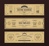 Illustration of a set of retro design web header templates, with banners, floral patterns and ornaments on chalkboard wide background