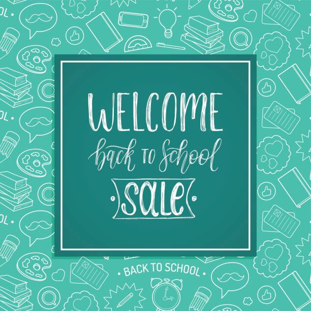 Vintage Welcome Back To School Sale poster. Vector hand lettering in frame. Knowledge day design concept. Vintage Welcome Back To School Sale poster. Vector hand lettering in frame. Children education background. Knowledge day design concept. teacher borders stock illustrations