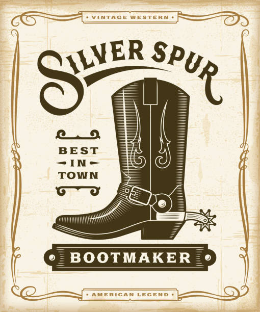 Vintage Western Bootmaker Label Graphics Vintage western bootmaker label graphics in woodcut style. Editable EPS10 vector illustration with transparency. wild west stock illustrations