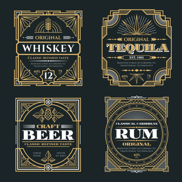 Vintage whiskey and alcoholic beverages vector labels in art deco retro style Vintage whiskey and alcoholic beverages vector labels in art deco retro style. Alcohol whiskey rum and tequila poster illustration rum stock illustrations