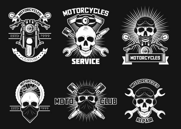 Vintage white moto skull logos, labels, vector isolated illustration Vintage white moto skull logos, emblems, badges and labels, vector illustration isolated on black background. Motorcycle, biker skulls in helmet, goggles and face scarf, repair tools, text. skull logo stock illustrations