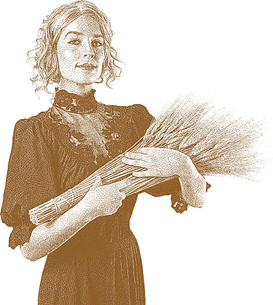 illustrations, cliparts, dessins animés et icônes de vintage femme tenant le blé végétal. sépia - portrait agriculteur