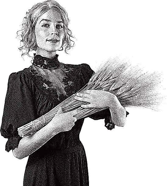 illustrations, cliparts, dessins animés et icônes de vintage femme tenant le blé végétal - portrait agriculteur