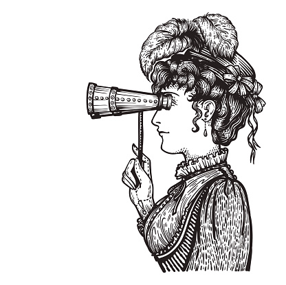 Vector illustration of vintage engraved woman in hat with feathers and dress - person looking through binocular at something - isolated on white with copy space, hand drawn clip art.