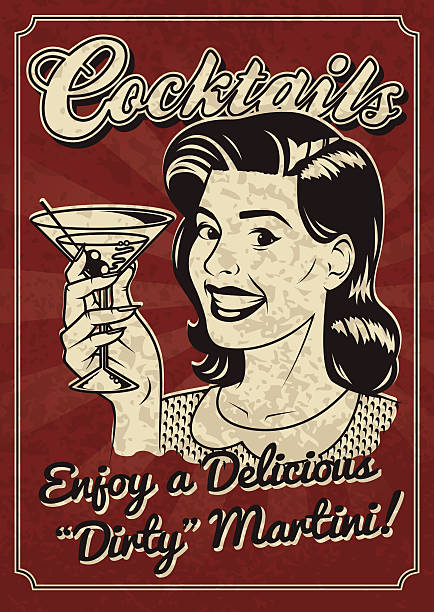 Vintage Woman with Martini Poster A vintage styled woman holding a martini. Grunge texture is transparent and on its own layer so it's easy to turn off. dirty martini stock illustrations