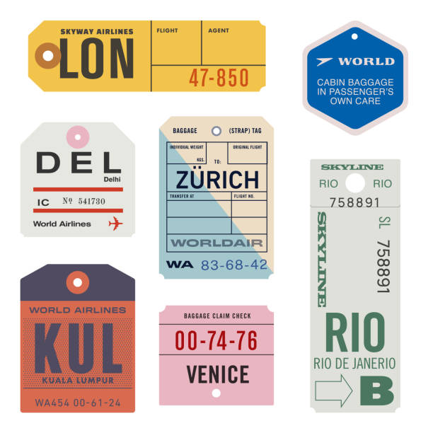 Vintage World Travel Luggage Tags Custom art inspired by vintage baggage tags. Vector assets are created at approximately actual size—and can be edited and scaled to any size. airport clipart stock illustrations