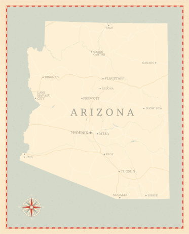 A vintage-style map of Arizona with freeways, highways and major cities. Shoreline, lakes and rivers are very detailed. Includes an EPS and JPG of the map without roads and cities. Texture, compass, cities, etc. are on separate layers for easy removal or changes. 