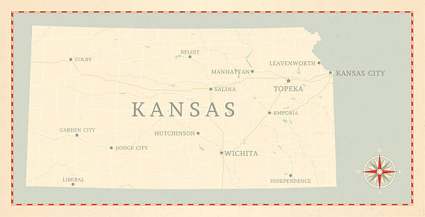 Vintage-Style Kansas Map A vintage-style map of Kansas with freeways, highways and major cities. Shoreline, lakes and rivers are very detailed. Includes an EPS and JPG of the map without roads and cities. Texture, compass, cities, etc. are on separate layers for easy removal or changes.  topeka stock illustrations