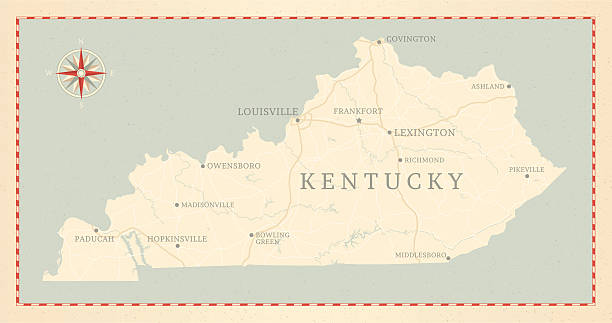 Vintage-Style Kentucky Map A vintage-style map of Kentucky with freeways, highways and major cities. Shoreline, lakes and rivers are very detailed. Includes an EPS and JPG of the map without roads and cities. Texture, compass, cities, etc. are on separate layers for easy removal or changes.  kentucky stock illustrations