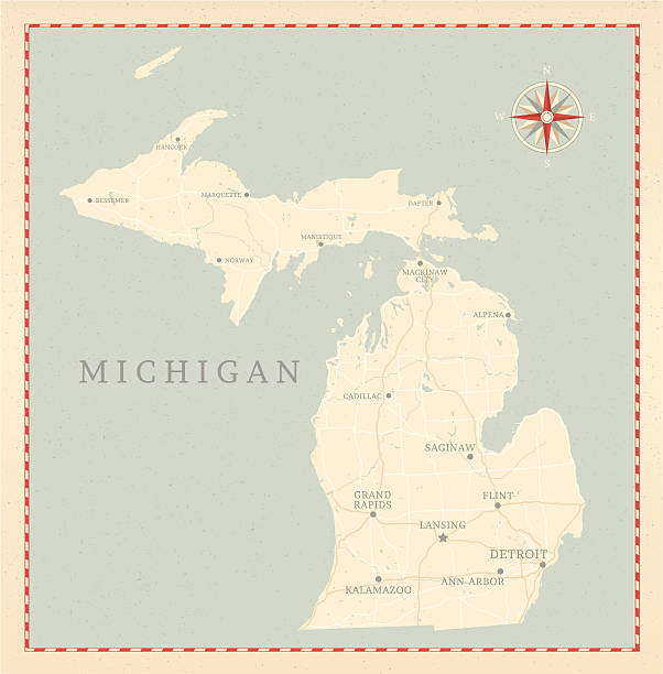 Vintage-Style Michigan Map A vintage-style map of Michigan with freeways, highways and major cities. Shoreline, lakes and rivers are very detailed. Includes an EPS and JPG of the map without roads and cities. Texture, compass, cities, etc. are on separate layers for easy removal or changes.  michigan stock illustrations