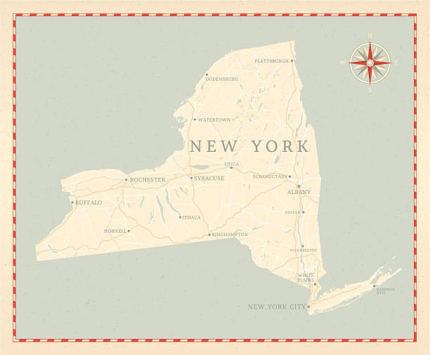 Vintage-Style New York State Map A vintage-style map of New York state with freeways, highways and major cities. Shoreline, lakes and rivers are very detailed. Includes an EPS and JPG of the map without roads and cities. buffalo new york stock illustrations