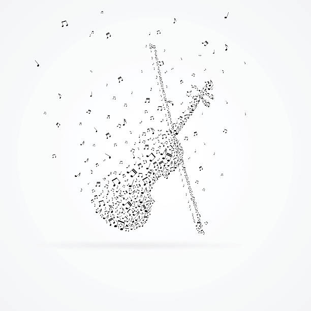 Violin with fiddlestick from floating notes isolated on white. vector art illustration