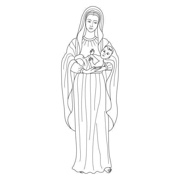 Virgin Mary holding baby Jesus Saint virgin Mary holding baby Jesus Christ. Christmas vector pattern, textile print, coloring page. saints stock illustrations