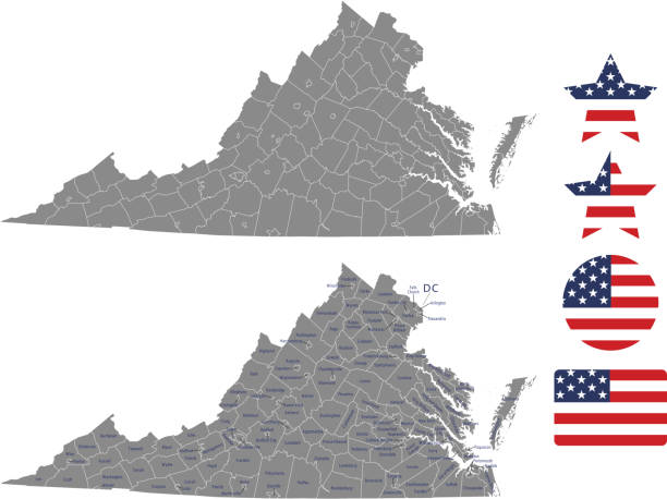 Virginia county map vector outline in gray background. Virginia state of USA map with counties names labeled and United States flag icon vector illustration designs The maps are accurately prepared by a GIS and remote sensing expert. virginia us state stock illustrations